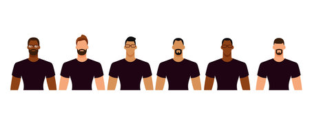 Group of diverse men in casual clothes. Minimal faceless characters icon. Flat design vector illustration isolated on white.のイラスト素材