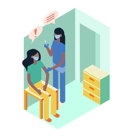Nurse giving a patient injection. Vaccination isometric vector illustration.のイラスト素材