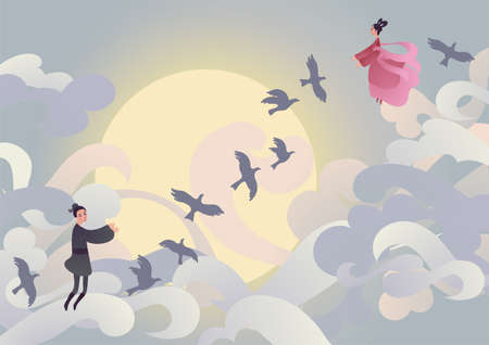 Vector illustration card for chinese valentine Qixi festival. Couple of cute cartoon characters cowherd and the weaver girl standing on bridge of magpies. Caption translation: Qixi, can read as Tanabataの販売画像