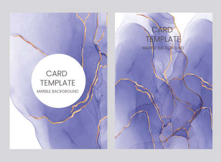 Marbled blue and gold ink vector backdround. Card template collection set.のイラスト素材
