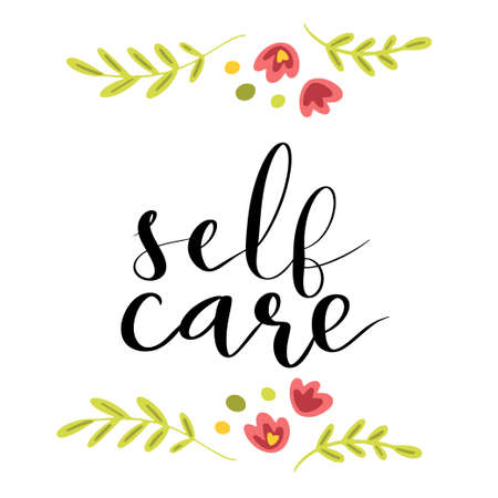 Self care hand drawn lettering design with flowers and heart hand lettering vector illustration in scriptのイラスト素材