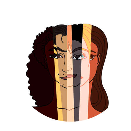 Diverse woman face of different race combining into one. Vector illustration concept for equality. Hand drawn art.のイラスト素材