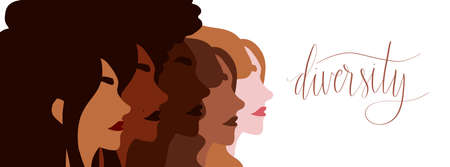 Diverse group of women illustration. Diversity and equality concept vector. Handwritten letteringのイラスト素材