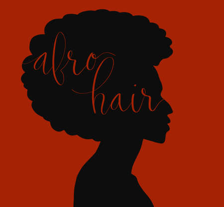 African american woman side view portrait. Afro hair handwritten lettering vector. Web banner template.のイラスト素材