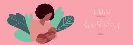 African american woman holding infant child. National breastfeeding month August handwritten lettering template. Vector web banner.のイラスト素材