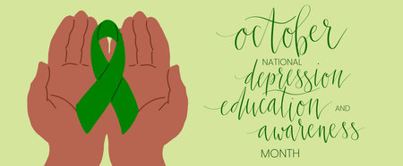 National Depression Education and Awareness Month October handwritten lettering and green support ribbon. Web banner vector template artのイラスト素材
