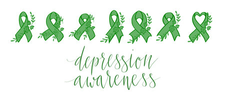 National Depression Education and Awareness Month October handwritten lettering and green support ribbon. Web banner vector template artのイラスト素材