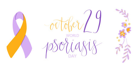 World Psoriasis Day October 29 handwritten lettering. Purple and orange support ribbon. Web banner vector template artのイラスト素材