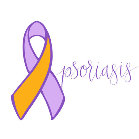 World Psoriasis Day October 29 handwritten lettering. Purple and orange support ribbon. Web banner vector template artのイラスト素材
