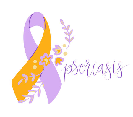 World Psoriasis Day October 29 handwritten lettering. Purple and orange support ribbon. Web banner vector template artのイラスト素材