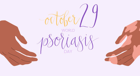 World Psoriasis Day October 29 handwritten lettering. Purple and orange support ribbon. Web banner vector template artのイラスト素材