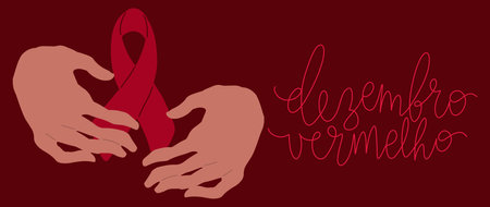 Dezembro Vermelho translation from portuguese December Red, Brazil campaign for HIV AIDS awareness. Brown human hands holding awareness ribbon vector illustrationのイラスト素材