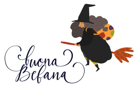Buona Befana translation Happy Epiphany card for Italian holidays. Handwritten lettering, old witch flying on a broom in the night to bring presents. Hand drawn flat vector illustration.のイラスト素材