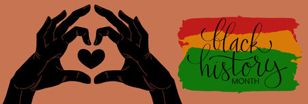 Black History month February banner with handwritten brush lettering and illustration of hands in heart sign. Vector hand drawn art templateのイラスト素材