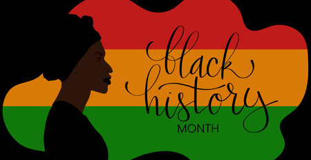 Black History month February banner with handwritten brush lettering and african american woman portrait. Vector hand drawn artのイラスト素材