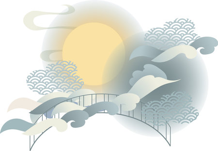 Clouds, full moon and bridge in asian style design background illustrationのイラスト素材