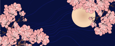 Sakura cherry blossom in bloom japanese vector background. Horizontal bannerのイラスト素材