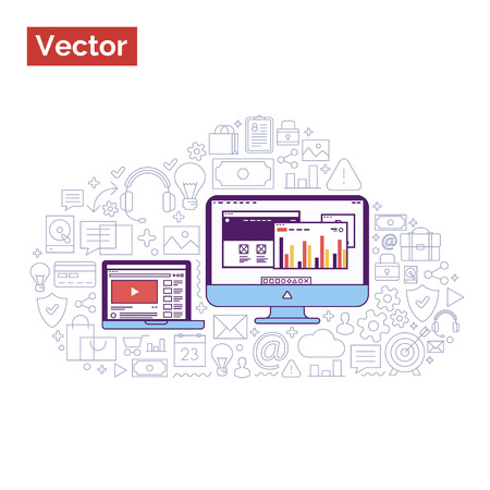 Modern illustration with laptop and monitor where showing office solutionsのイラスト素材
