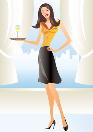 beautiful waitress in apron holding coctail in new yorkのイラスト素材