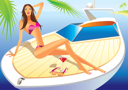 beautiful woman with bathing suit on the luxury yacht -  illustrationのイラスト素材