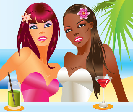 Two beautiful women with cocktails on the beach.のイラスト素材