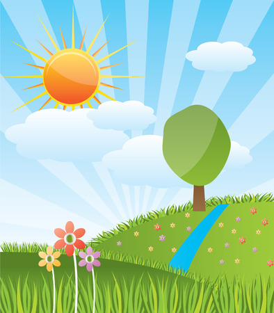Spring sunny landscape with forest river - vector illustrationのイラスト素材