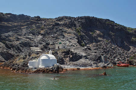 Church to hot volcanic springs  Santorini Thira Island  Cyclades Islandsの写真素材