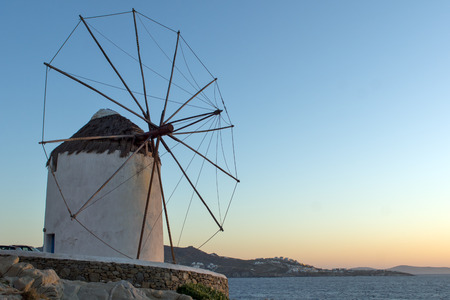 Sunset at White windmill on the island of Mykonos Cyclades Islandsの写真素材