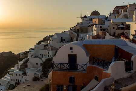 Sunset in Town of Oia Santorini Tira Island Cycladesの写真素材