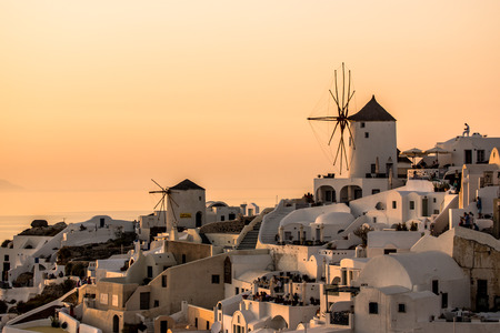 Sunset in Town of Oia Santorini Tira Island Cycladesの写真素材