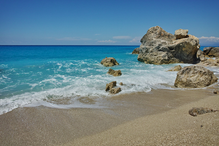 Panoramic view of Megali Petra Beach Lefkada Ionian Islands Greeceの写真素材