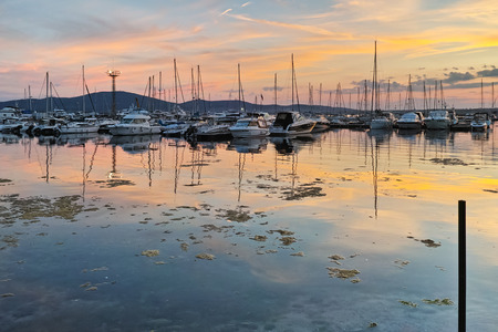 Sunset at the port of Sozopol town, Bulgariaのeditorial素材