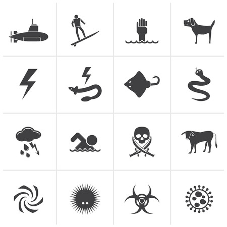 Black Warning Signs for dangers in sea, ocean, beach and rivers - vector icon set 2のイラスト素材