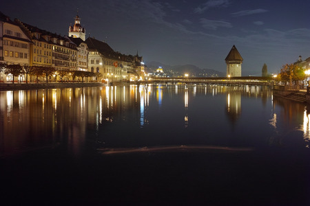 Night photos of City of Lucern and Reuss River, Canton of Lucerne, Switzerlandのeditorial素材