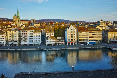 Reflection of City of Zurich in Limmat River, Switzerlandのeditorial素材