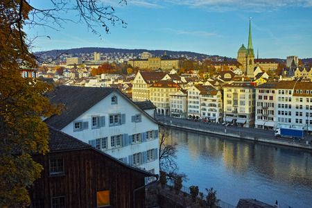 Reflection of City of Zurich in Limmat River, Switzerlandのeditorial素材