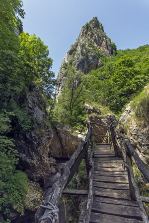 Rock Peaks and Wood Bridge, Erma River Gorge, Bulgariaの写真素材