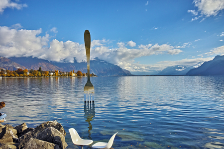 Panoramic view of Lake Geneva and Alps, canton of Vaud, Switzerlandのeditorial素材