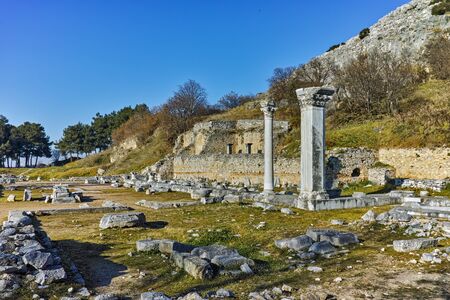 Ancient columns in the archeological area of Philippi, Eastern Macedonia and Thrace, Greeceの写真素材