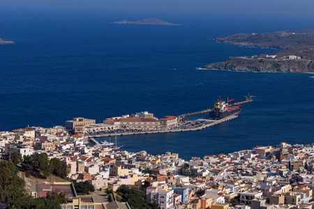 Amazing Pamorama to port of town of Ermopoli, Syros, Cyclades Islands, Greeceの写真素材