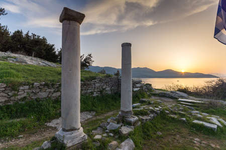 Amazing sunset on Evraiokastro Archaeological Site, Thassos town, East Macedonia and Thrace, Greeceの写真素材