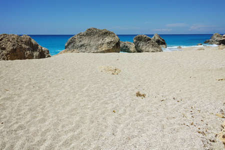 Rocks in the water at Megali Petra beach, Lefkada, Ionian Islands, Greeceの写真素材