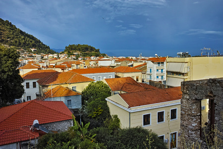 Amazing sunset panorama of town of Nafpactos, Western Greeceの写真素材