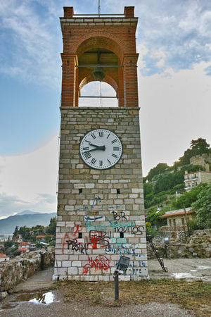 Last Rays of sun over Clock tower in Nafpaktos town, Western Greeceの写真素材