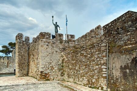 The port of Nafpaktos town and monument over Castle wall, Western Greeceの写真素材