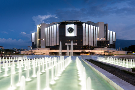 SOFIA, BULGARIA - JULY 3, 2016: Night photo of National Palace of Culture in Sofia, Bulgariaのeditorial素材