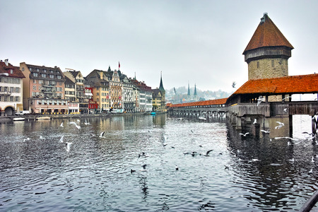 Chapel Bridge over Reuss River, Lucerne, Switzerlandのeditorial素材