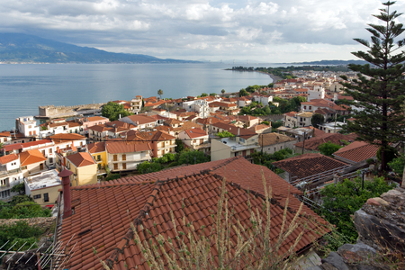 Panorama of Nafpaktos town and cable bridge between Rio and Antirrio, Western Greeceのeditorial素材
