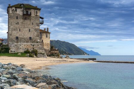 Amazing Seascape with Medieval tower in  Ouranopoli, Athos, Chalkidiki, Central Macedonia, Greeceのeditorial素材