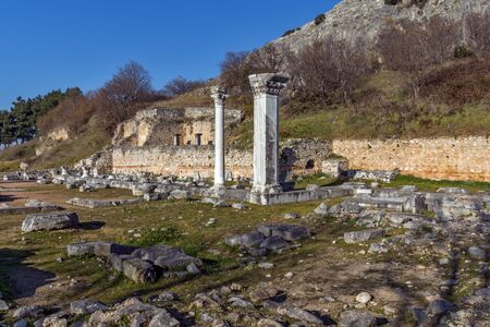 Ancient columns in the archeological area of Philippi, Eastern Macedonia and Thrace, Greeceのeditorial素材